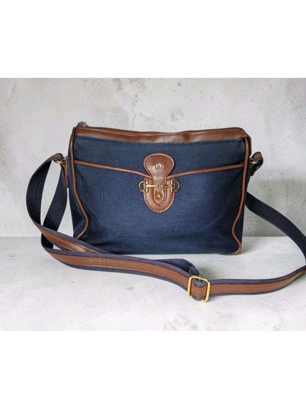 Etienne Aigner Blue Canvas Leather Crossbody Purse Bag Bridle Bit Equestrian